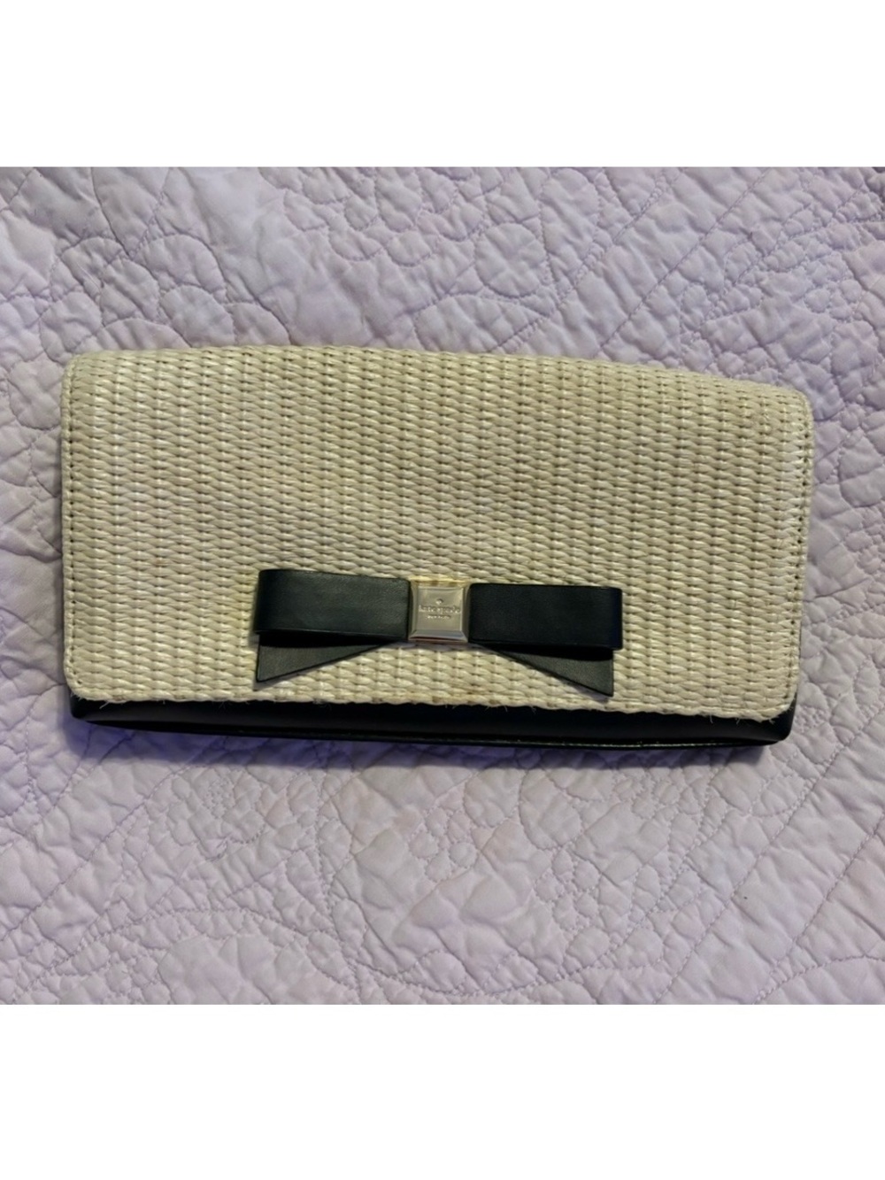 Large Clutch/ kate spade cream woven clutch with black bow and gold-tone plaque